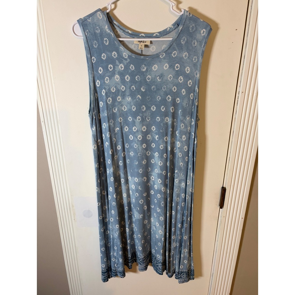 Style & Co Womens XL Blue White Tie Dye Sleeveless Swing Dress Geometric Border